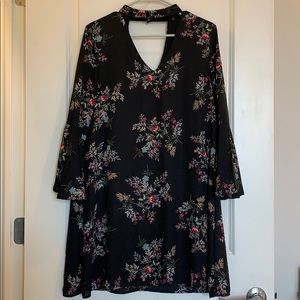 Floral frill sleeve chocker v neck mini dress